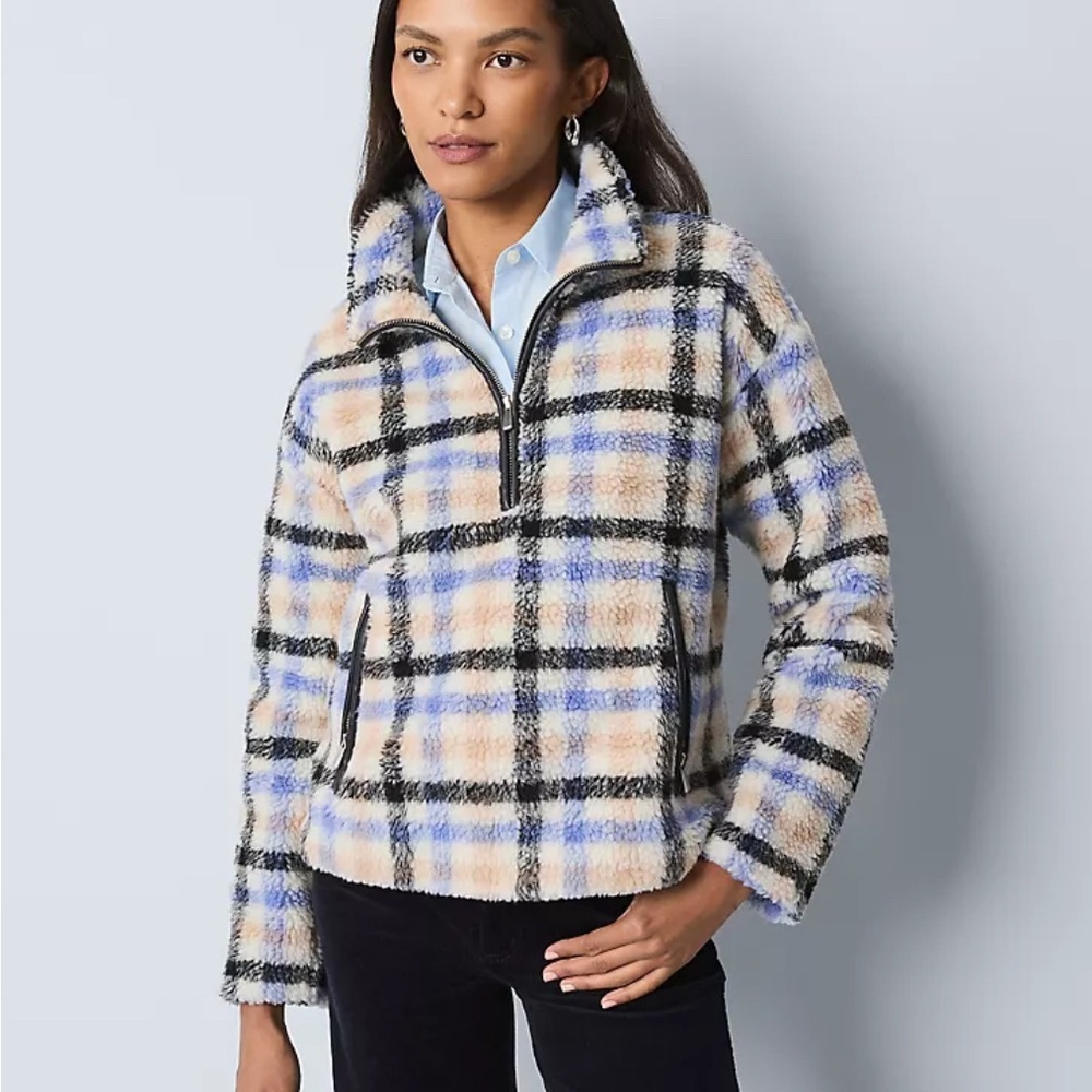 Weekend Collection Plaid Sherpa Pullover, Size S